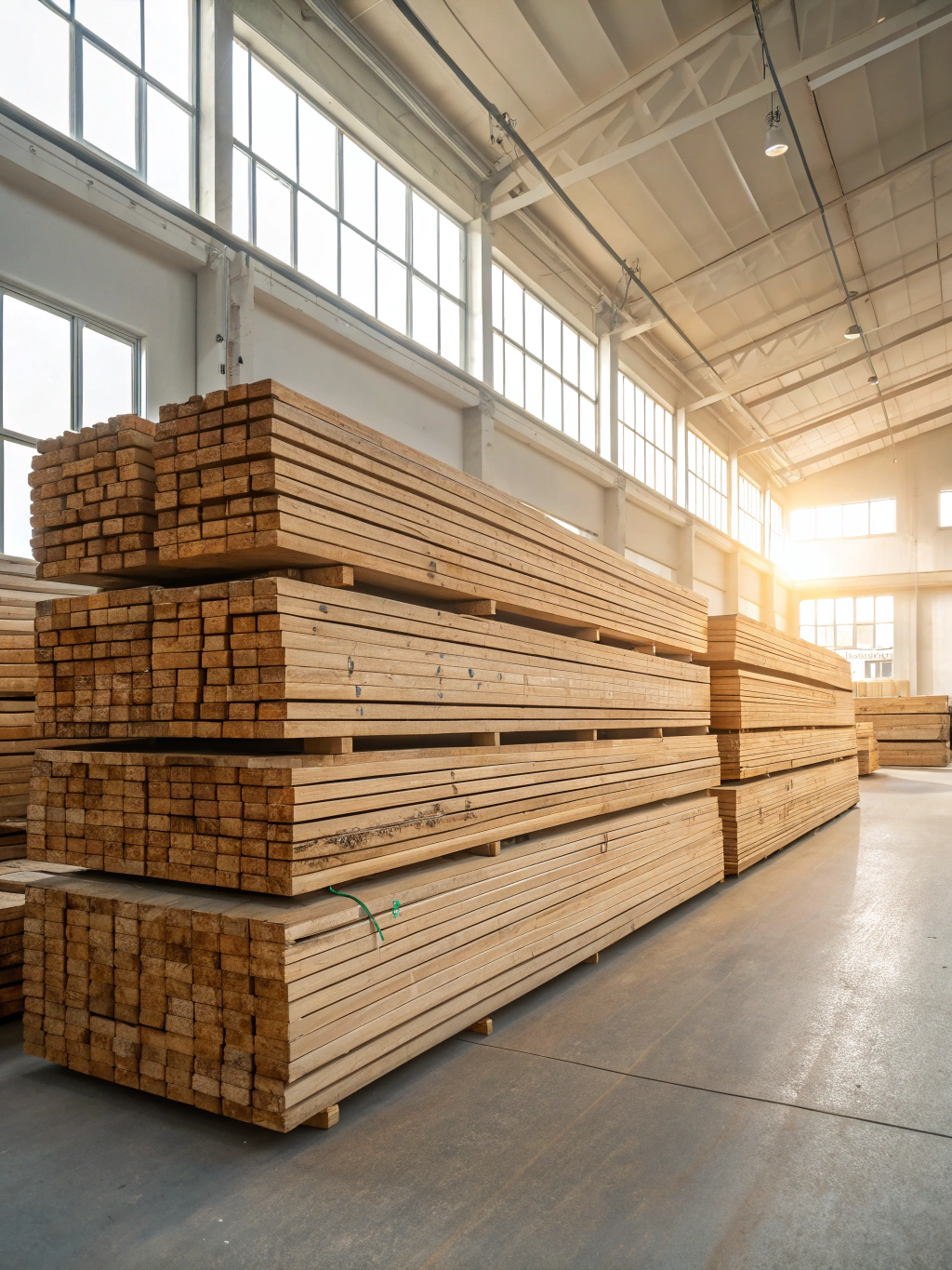 Industrial lumber and steel staging area at a Canadian export facility